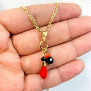 18K Gold F Black Bead Red Azabache Necklace Figaro Chain 20" for Women Good Luck